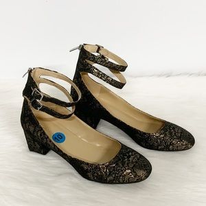 Marc Fisher Black Gold Floral Ankle Strap Zip Heel
